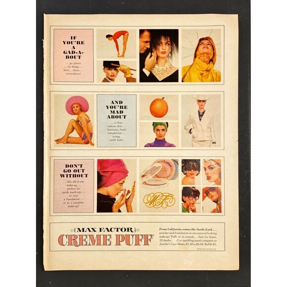 Max Factor Creme Puff Sunlit Look "Natural Looking Lasts for Hours" Vtg Ad 1964 - Picture 3 of 3